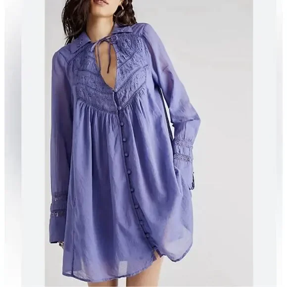 Free People Embroidered Bohemian Western Babydoll Mini Dress Periwinkle Sz M - Picture 2 of 13